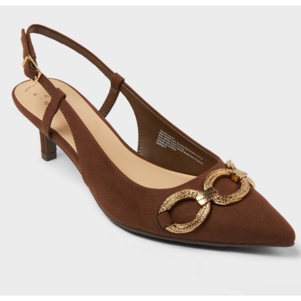 A New Day Tabitha Brown Slingback Kitten Heels Gold Chain Detail Pointed Toe 6.5